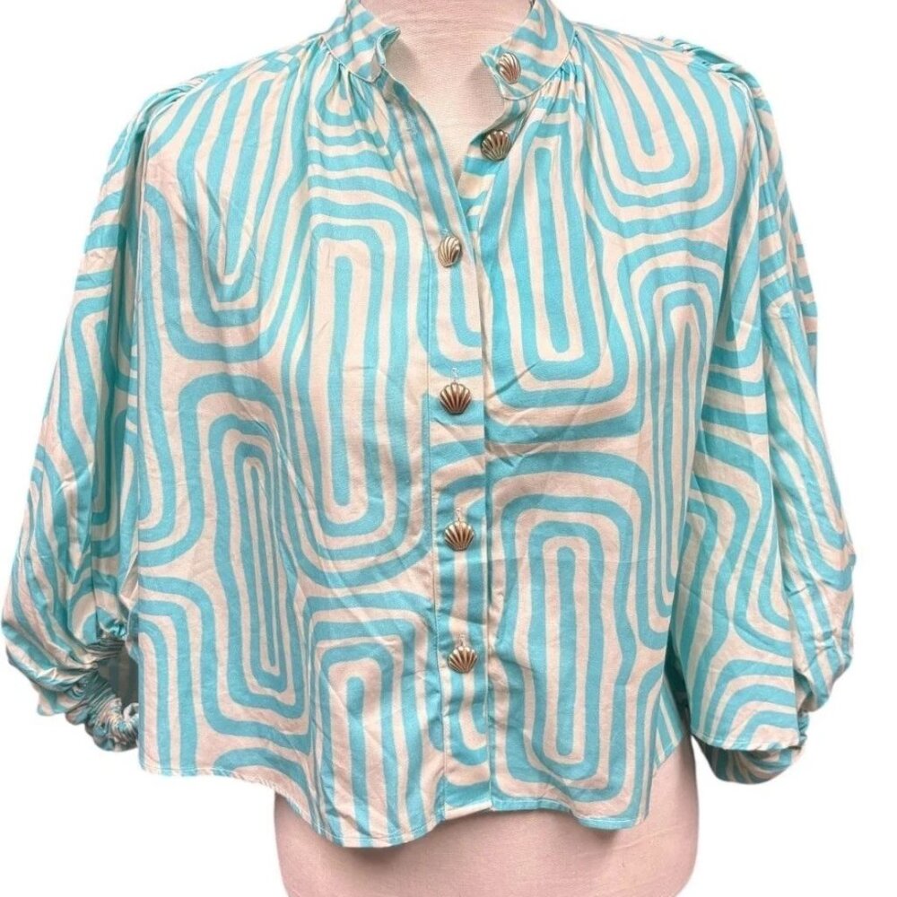 Sundress Blouse Turquoise Blue Balloon Sleeve Seychhelles Cropped NEW Fits‎ XS-L